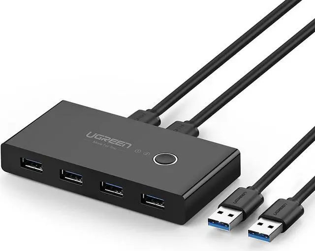 Main image of UGREEN USB 3.0 Sharing Switch Selector 4 Port 2 Computers Peripheral Switcher Adapter Hub for PC, Printer, Scanner, Mouse, Keyboard with One Button Swapping and 2 Pack USB Male Cable