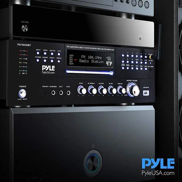 Alt view image 6 of 7 - 4 Channel Pre Amplifier Receiver - 1000 Watt Rack Mount Bluetooth Home Theater-Stereo Surround Sound Preamp Receiver W/Audio/Video System, CD/DVD Player, AM/FM Radio, MP3/USB Reader - Pyle PD1000BT