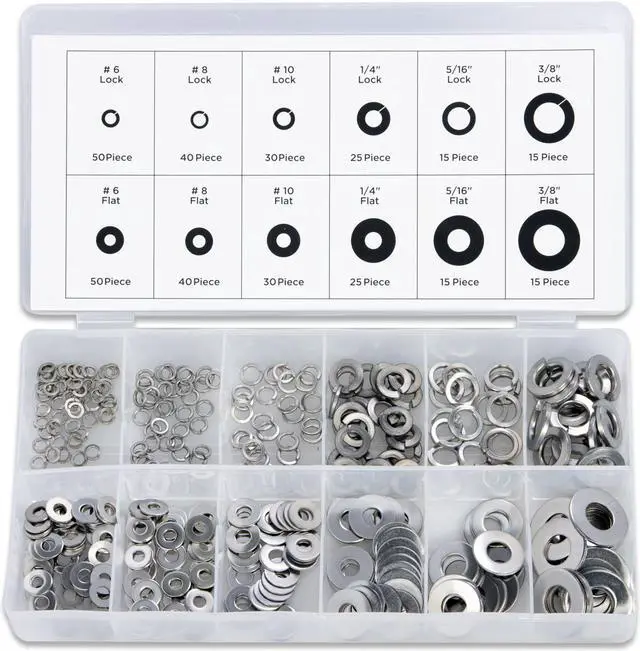 Main image of Neiko 50400A Stainless Steel Split Lock and Flat Washer Assortment | 350-Piece Pack Set