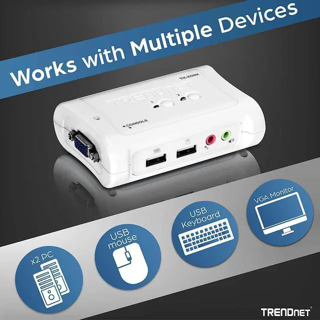 Alt view image 3 of 7 - TRENDnet 2-Port USB KVM Switch and Cable Kit with Audio, Manage Two PCs, USB 1.1, Hot-Plug, Auto-Scan, Hot-Keys, Windows & Linux Compliant, TK-209K