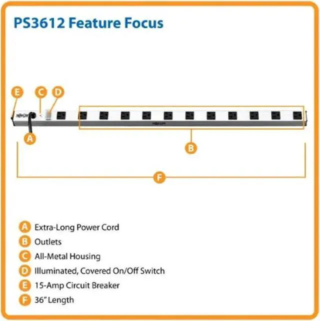 Alt view image 2 of 3 - Tripp Lite 12 Outlet Bench & Cabinet Power Strip, 36 in. Length, 15ft Cord with 5-15P Plug (PS3612),Black