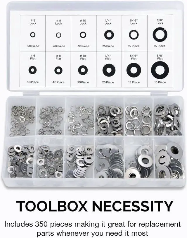 Alt view image 5 of 5 - Neiko 50400A Stainless Steel Split Lock and Flat Washer Assortment | 350-Piece Pack Set