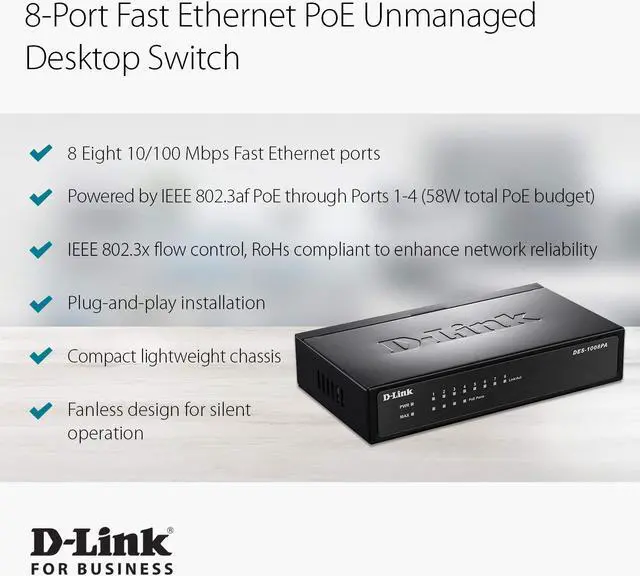 Alt view image 3 of 7 - D-Link Fast Ethernet Switch, 8 Port Unmanaged w/ 4 PoE Ports (802.3AF) Desktop Network Internet 10/100 Plug n Play (DES-1008PA)