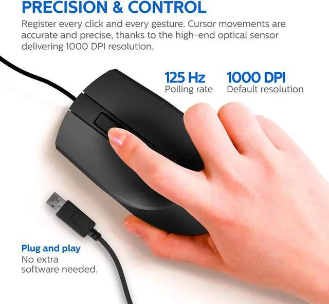 Alt view image 3 of 7 - Philips USB Optical Mouse for Home or Office — 1000 DPI 3-Button High-Performance Optical LED Sensor | Ergonomic Palm-Grip, Symmetrical and Ambidextrous (SPK7104)