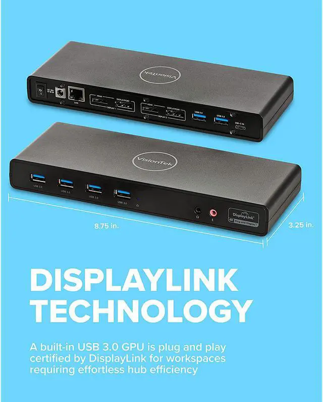Alt view image 3 of 7 - VisionTek VT4000 Universal Dual 4K Laptop Monitor Docking Station, Dual UHD Video, HDMI, DisplayPort, USB 3.0, USB-C, RJ45 Ports, for Mac & Windows (901005)