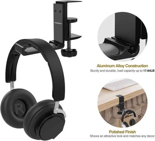 Alt view image 5 of 7 - MoKo Headphone Stand, Universal Aluminum Headphone Foldable Hanger Adjustable Headset Stand Clamp Mount Desk Hook Holder for All Headphone Sizes, Sennheiser, Audio-Technica, Gaming Headphones - Black