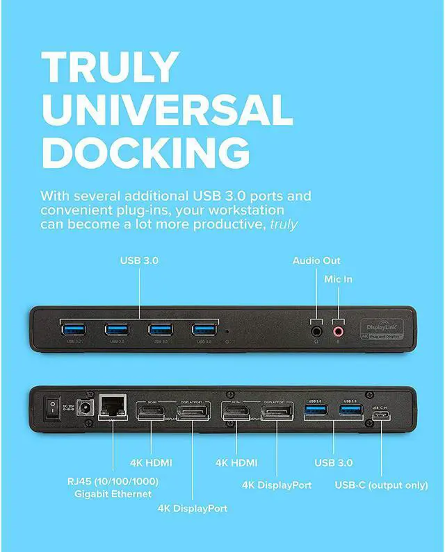 Alt view image 2 of 7 - VisionTek VT4000 Universal Dual 4K Laptop Monitor Docking Station, Dual UHD Video, HDMI, DisplayPort, USB 3.0, USB-C, RJ45 Ports, for Mac & Windows (901005)