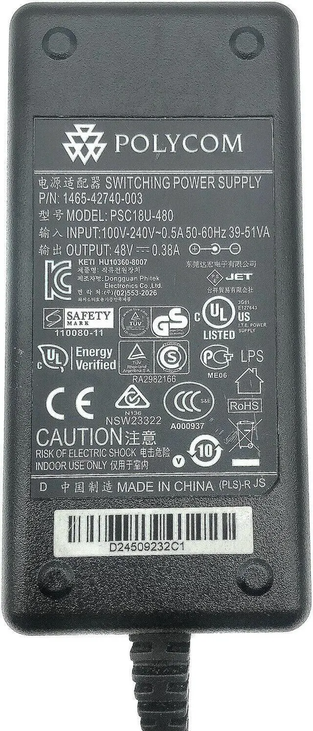 Alt view image 7 of 7 - NEW Genuine Polycom 48V 0.38A Switching Power Supply Adapter PSC18U-480 W/P.Cord