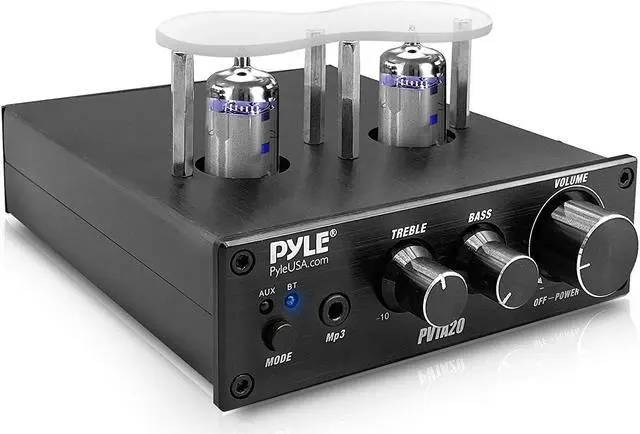 Main image of Bluetooth Tube Amplifier Stereo Receiver - 600W Home Audio Desktop Stereo Vacuum Tube Power Amplifier Receiver w/ 2 Vacuum Tubes, AUX/MP3/Microphone Inputs, Pure Copper Speaker Output - Pyle PVTA20