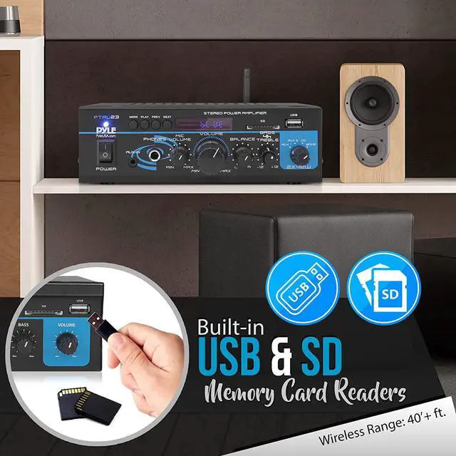 Alt view image 8 of 10 - Pyle PTAU23.5 2X40W Mini Power Amplifier System - Dual Channel Home Audio Sound Mixer, Stereo Receiver Box with USB, RCA, Headphone, AUX, MIC Input, LED, for PA, Home Entertainment and Studio Use