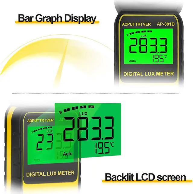 Alt view image 5 of 7 - Light Meter 881D Digital Illuminance Meter Ambient Temperature Measurer with Range up to 400,000 Lux Luxmeter,Rotatable Head for 270 Degrees,Display 3999 Data Hold,Back Light,Max/Min Hold,Data storag