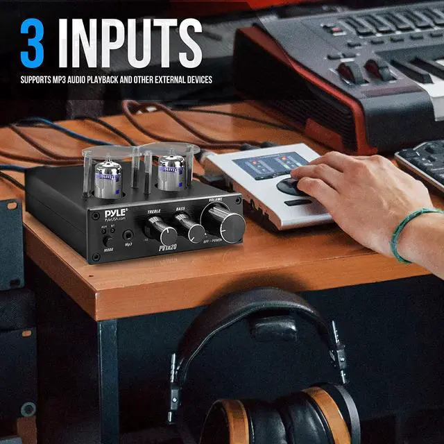 Alt view image 4 of 14 - Bluetooth Tube Amplifier Stereo Receiver - 600W Home Audio Desktop Stereo Vacuum Tube Power Amplifier Receiver w/ 2 Vacuum Tubes, AUX/MP3/Microphone Inputs, Pure Copper Speaker Output - Pyle PVTA20