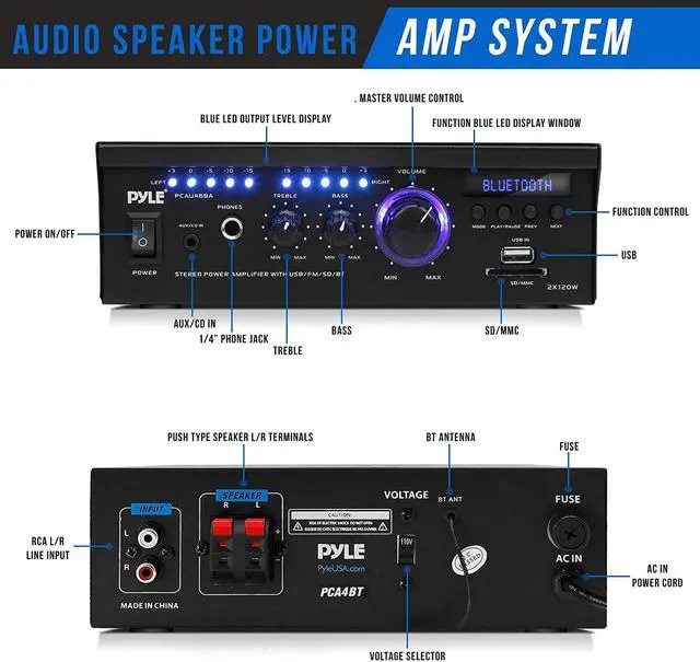 Alt view image 2 of 14 - Wireless Bluetooth Home Stereo Amplifier - 2x120 Watt Power Amplifier Home Audio Bluetooth Receiver System W/Blue Led Display, USB/SD, AUX, RCA, Headphone Jack - Remote - Pyle PCAU46BA