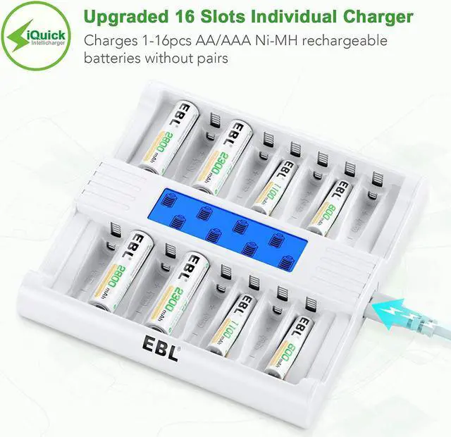 Alt view image 3 of 7 - Good Product Outlet 16 Bay AA AAA Battery Charger with Smart LCD Display, Individual Fast Battery Charger for AA AAA NiMH Rechargeable Batteries with AC Plug Cable