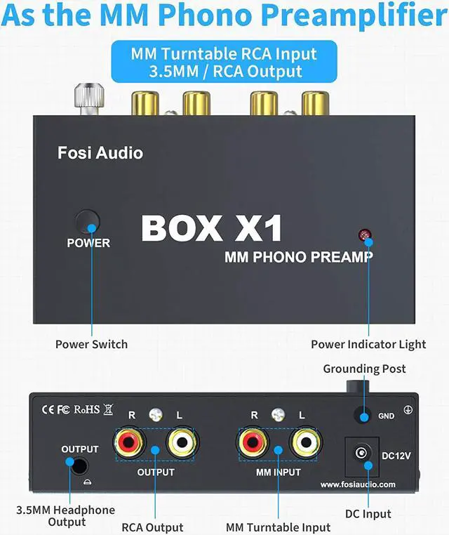Alt view image 2 of 7 - Fosi Audio Box X1 Phono Preamp for MM Turntable Mini Stereo Audio Hi-Fi Phonograph/Record Player Preamplifier with 3.5MM Headphone and RCA Output with DC 12V Power Supply