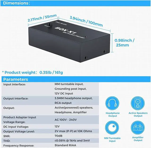 Alt view image 6 of 7 - Fosi Audio Box X1 Phono Preamp for MM Turntable Mini Stereo Audio Hi-Fi Phonograph/Record Player Preamplifier with 3.5MM Headphone and RCA Output with DC 12V Power Supply