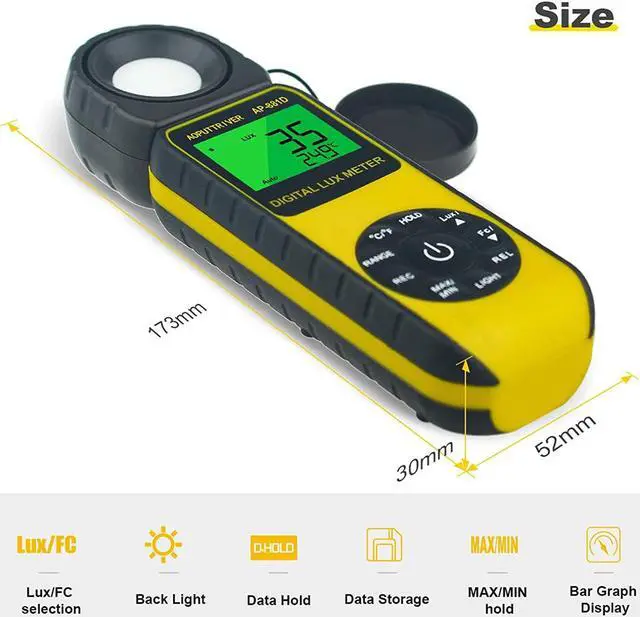 Alt view image 2 of 7 - Light Meter 881D Digital Illuminance Meter Ambient Temperature Measurer with Range up to 400,000 Lux Luxmeter,Rotatable Head for 270 Degrees,Display 3999 Data Hold,Back Light,Max/Min Hold,Data storag