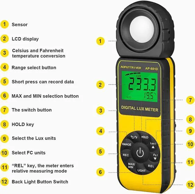 Alt view image 3 of 7 - Light Meter 881D Digital Illuminance Meter Ambient Temperature Measurer with Range up to 400,000 Lux Luxmeter,Rotatable Head for 270 Degrees,Display 3999 Data Hold,Back Light,Max/Min Hold,Data storag