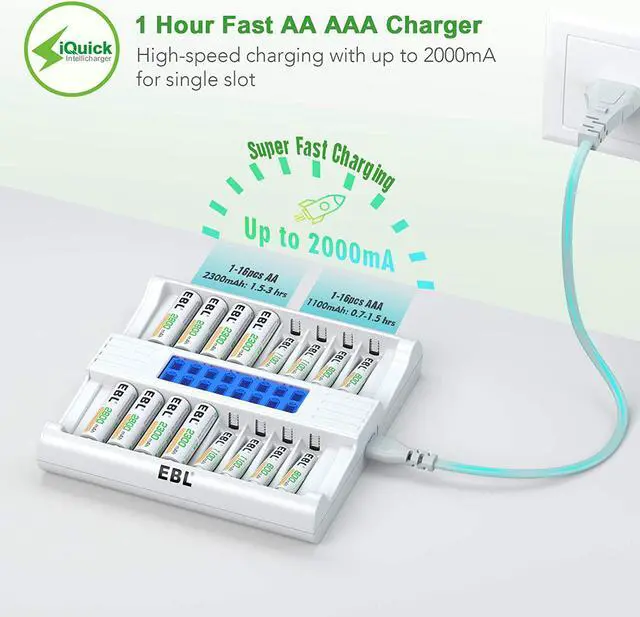 Alt view image 2 of 7 - Good Product Outlet 16 Bay AA AAA Battery Charger with Smart LCD Display, Individual Fast Battery Charger for AA AAA NiMH Rechargeable Batteries with AC Plug Cable