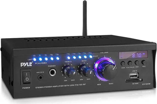 Main image of Wireless Bluetooth Home Stereo Amplifier - 2x120 Watt Power Amplifier Home Audio Bluetooth Receiver System W/Blue Led Display, USB/SD, AUX, RCA, Headphone Jack - Remote - Pyle PCAU46BA