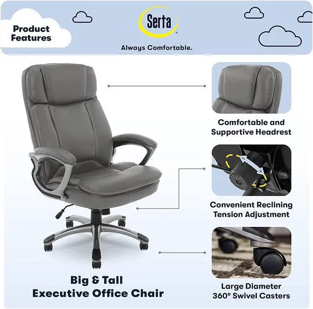 Alt view image 2 of 7 - New Serta Big & Tall Executive Office Chair High Back All Day Comfort Ergonomic Lumbar Support, Bonded Leather, Opportunity Gray