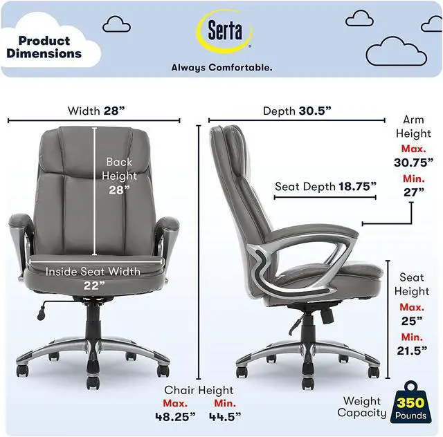 Alt view image 3 of 7 - New Serta Big & Tall Executive Office Chair High Back All Day Comfort Ergonomic Lumbar Support, Bonded Leather, Opportunity Gray