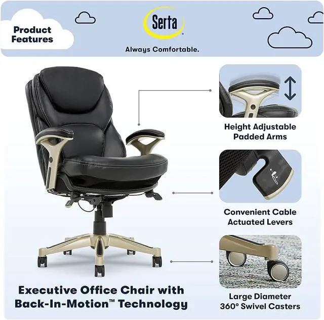 Alt view image 3 of 7 - New Serta Ergonomic Executive Office Motion Technology, Adjustable Mid Back Desk Chair With Lumbar Support, Black Bonded Leather