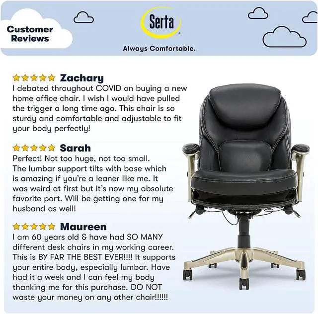Alt view image 4 of 7 - New Serta Ergonomic Executive Office Motion Technology, Adjustable Mid Back Desk Chair With Lumbar Support, Black Bonded Leather