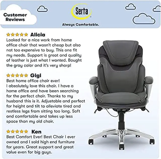 Alt view image 4 of 7 - New Serta Air Health And Wellness Executive Office Chair High Back Ergonomic For Lumbar Support Task Swivel, Bonded Leather, Light Gray