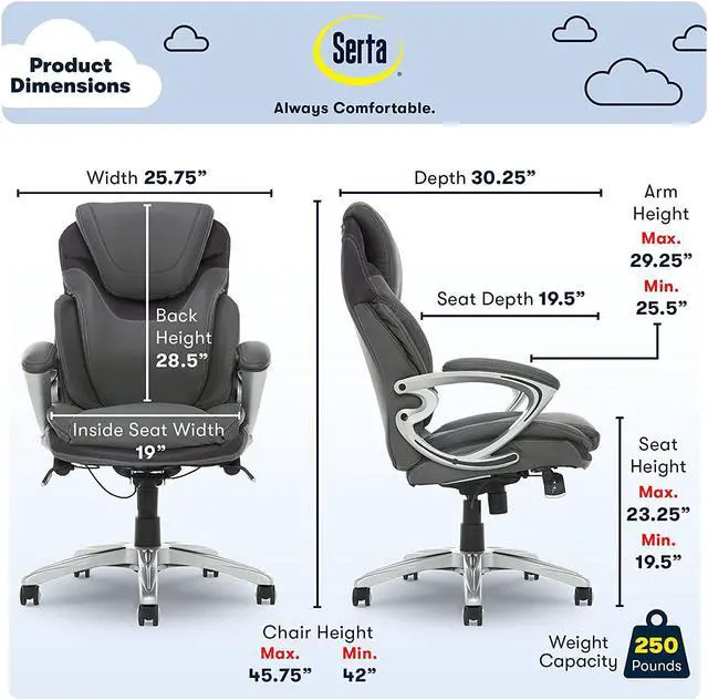 Alt view image 3 of 7 - New Serta Air Health And Wellness Executive Office Chair High Back Ergonomic For Lumbar Support Task Swivel, Bonded Leather, Light Gray