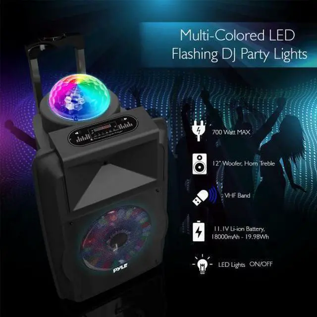 Alt view image 12 of 14 - Portable DJ Karaoke PA Speaker - Outdoor 700 Watt Stereo  12” Subwoofer Built-in LED Lights Wireless Bluetooth Rechargeable Battery Audio Recording Mode & MP3/USB/Micro SD/FM Radio - Pyle PSUFM1280B