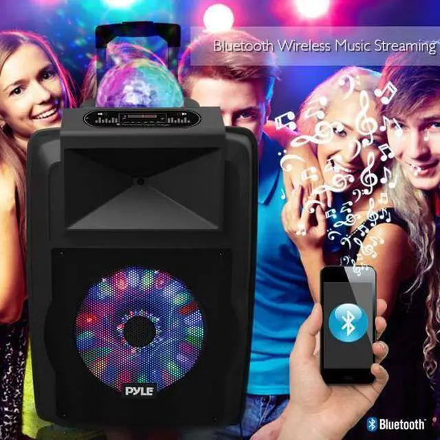 Alt view image 14 of 14 - Portable DJ Karaoke PA Speaker - Outdoor 700 Watt Stereo  12” Subwoofer Built-in LED Lights Wireless Bluetooth Rechargeable Battery Audio Recording Mode & MP3/USB/Micro SD/FM Radio - Pyle PSUFM1280B