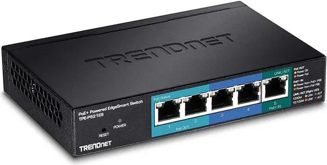 Alt view image 15 of 15 - TRENDnet 5-Port Gigabit PoE+ Powered EdgeSmart Switch with PoE Pass Through, TPE-P521ES, 1 x Gigabit PoE+ Input, 2 x Gigabit PoE Output, 2 x Gigabit, 18W PoE Budget, Managed Switch, Wall-Mountable