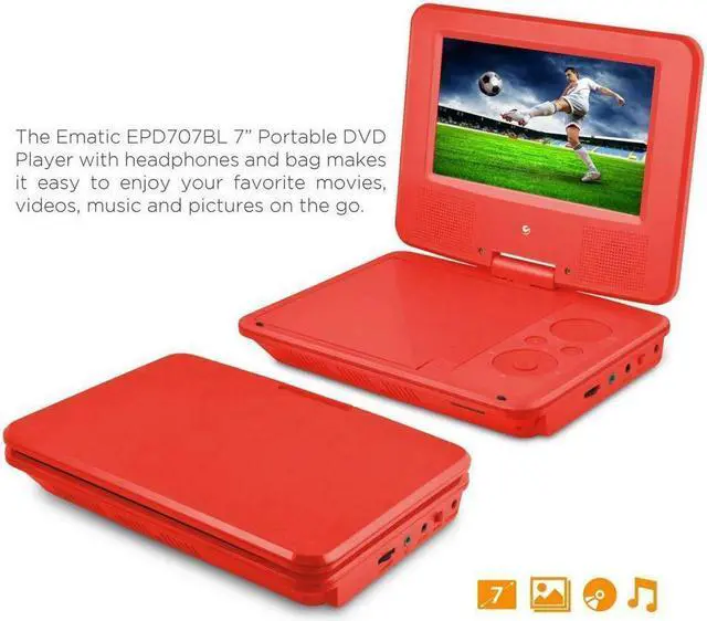 Alt view image 16 of 19 - Ematic EPD707RD 7-Inch Portable DVD Player with Matching Headphones and Bag (Red)