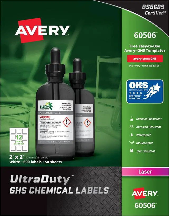 Alt view image 8 of 15 - Avery UltraDuty GHS Chemical Labels for Laser Printers, Waterproof, UV Resistant, 2 x 2, 600 Pack (60506)