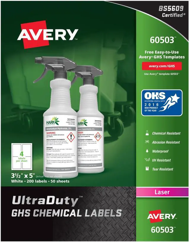 Alt view image 9 of 17 - Avery Chem Label, 3-1/2"W x 5"H, 200 Lbls,  PK200  Synthetic Film  60503