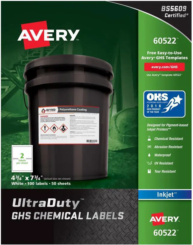 Main image of Avery GHS Chemical Label,  Color White,  PK 100 White  Synthetic Film 7278260522