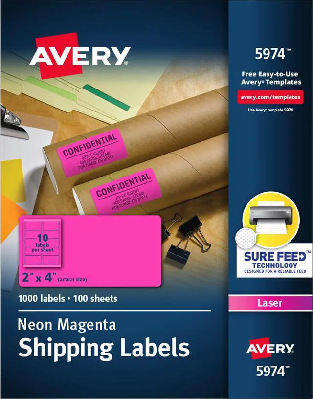 Main image of Avery Neon Shipping Label Laser 2 x 4 Neon Magenta 1000/Box 5974