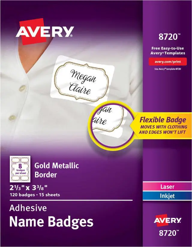 Alt view image 2 of 19 - avery selfadhesive removable name tag labels, gold metallic border, 21/3 x 33/8, 120 badges 8720, gold border
