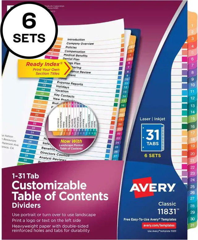 Main image of Avery Ready Index 31 Tab Dividers, Customizable TOC, 6 Sets (11831)