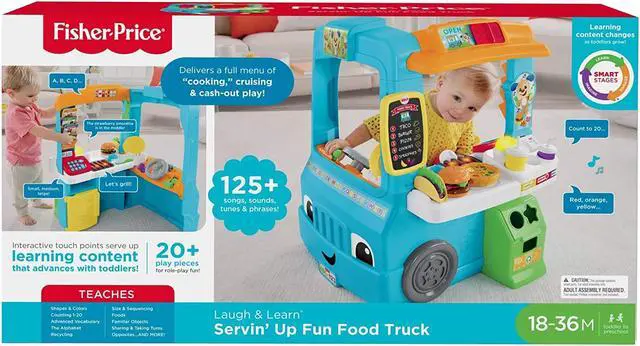 Alt view image 5 of 7 - Fisher-Price Laugh and Learn Servin' Up Fun Food Truck, Dashboard Packed With Hands-On Fun, Including Steering Wheel, Clicker Key and Gear Shifter, Blue