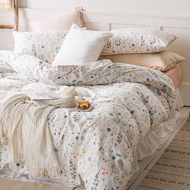 Floral Duvet Cover Set, White Green Cotton Duvet Cover, Flower