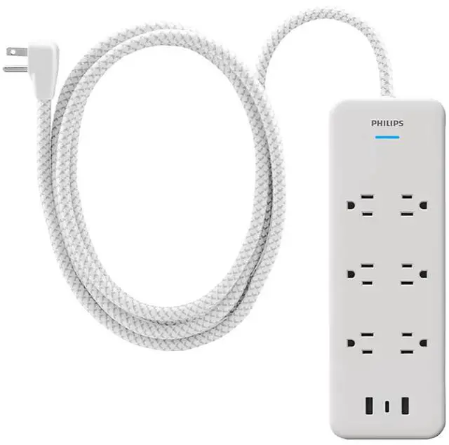 Alt view image 2 of 3 - Philips 6-Outlet & 3-Outlet Surge Protector 2 USB-A 1 USB-C, 6' White, 2 pk.
