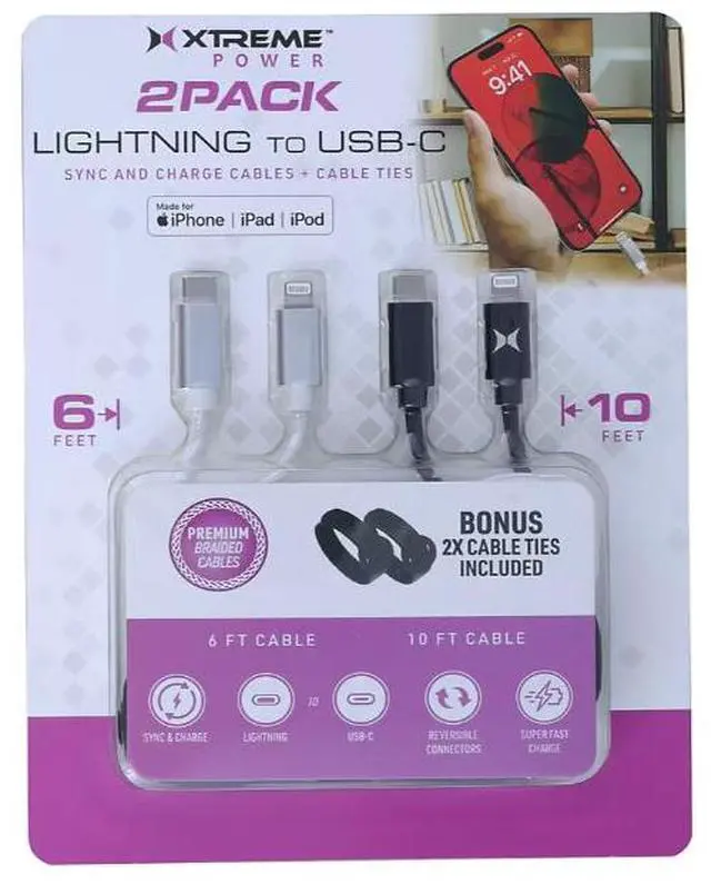 Main image of Xtreme 6' and 10' Premium Braided Cables Lightning to Type C, 2 pk.