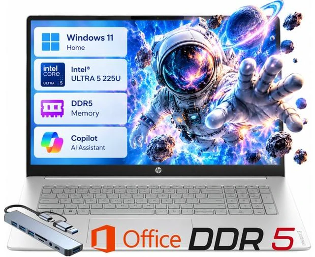 Main image of HP 17 Business AI PC Laptop 17.3" FHD IPS Display Intel Ultra 5 225U (Beats i5-1334U) Up to 4.8GHz 12 Core, 16GB DDR5, 512GB SSD, Wi-Fi 7, Life Time Office Windows 11 Home/ HUB