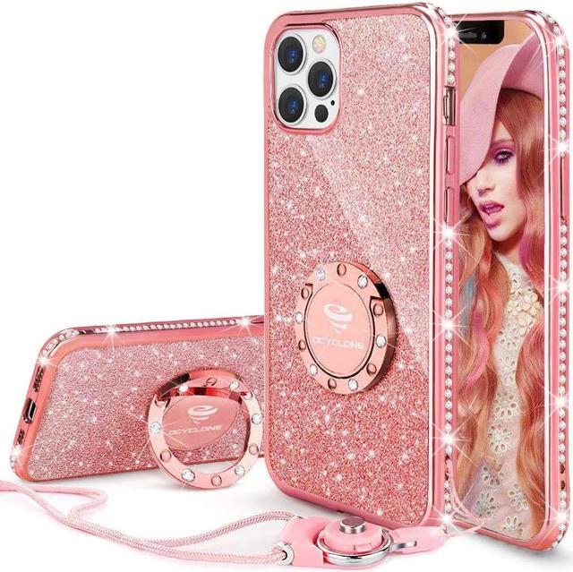 Apple iPhone 12 Case, Glitter Cute Phone Case Girls with Kickstand,Bling  Diamond Rhinestone Bumper Ring Stand Sparkly Luxury Clear Thin Soft