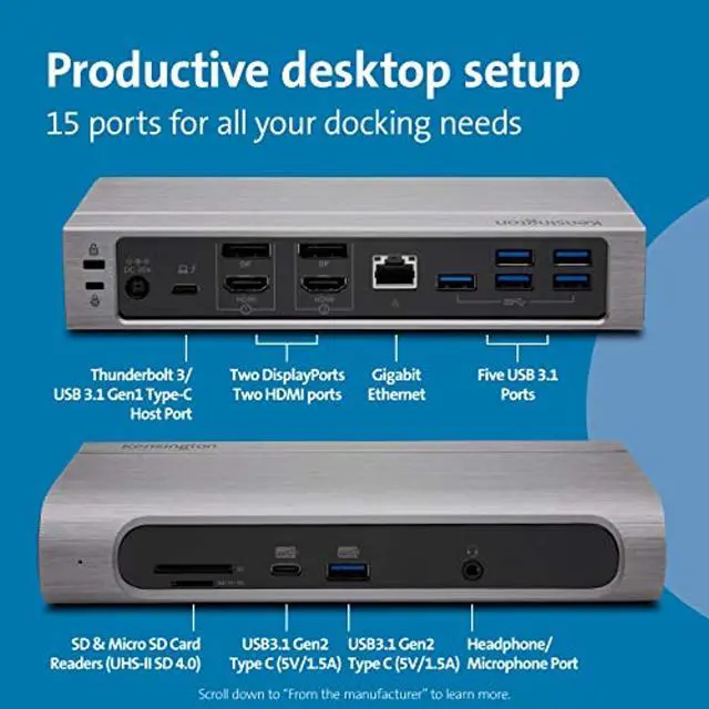 Alt view image 2 of 14 - Thunderbolt 3 And Usb-C Docking Station Sd5600t100W Power Delivery, Sd Card Readers, Dual 4K Hdmi Or Displayport, For Mac, Windows And Surface (K34009us)