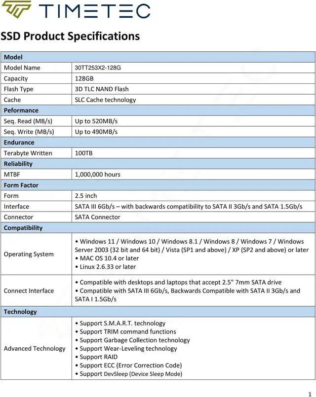 Alt view image 6 of 7 - Timetec 128GB SSD 3D NAND SATA III 6Gb/s 2.5 Inch 7mm (0.28") Read Speed Up to 520 MB/s 100TBW SLC Cache Performance Boost Internal Solid State Drive for PC Computer Desktop and Laptop (128GB)