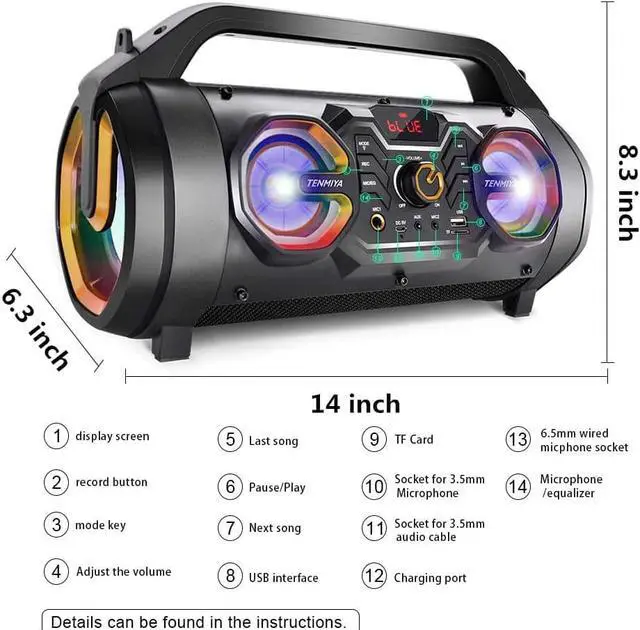 Alt view image 5 of 7 - Bluetooth Speaker, 30W Portable Bluetooth Boombox with Subwoofer, FM Radio, RGB Colorful Lights, EQ, Stereo Sound, Booming Bass, 10H Playtime Wireless Party Speaker for Home, Outdoor, Travel, Camping