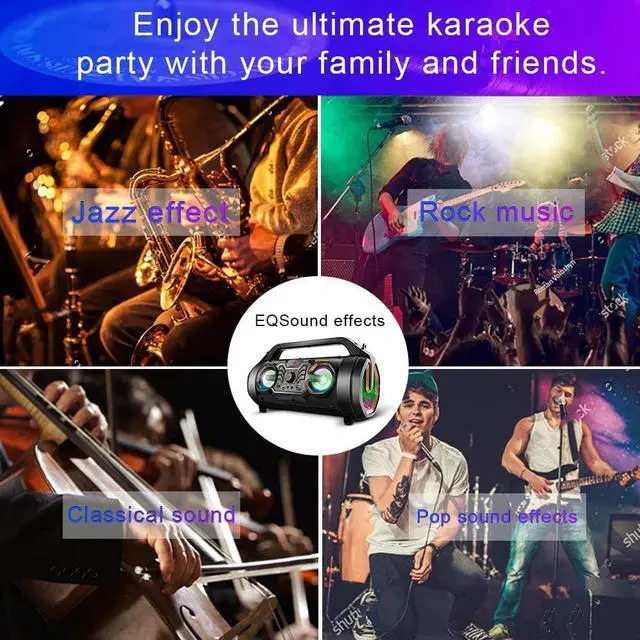 Alt view image 6 of 7 - Bluetooth Speaker, 30W Portable Bluetooth Boombox with Subwoofer, FM Radio, RGB Colorful Lights, EQ, Stereo Sound, Booming Bass, 10H Playtime Wireless Party Speaker for Home, Outdoor, Travel, Camping